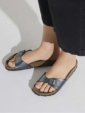 BIRKENSTOCK Madrid Birko-Flor Single-Buckle Slide Sandal in Metallic Black Sz 39